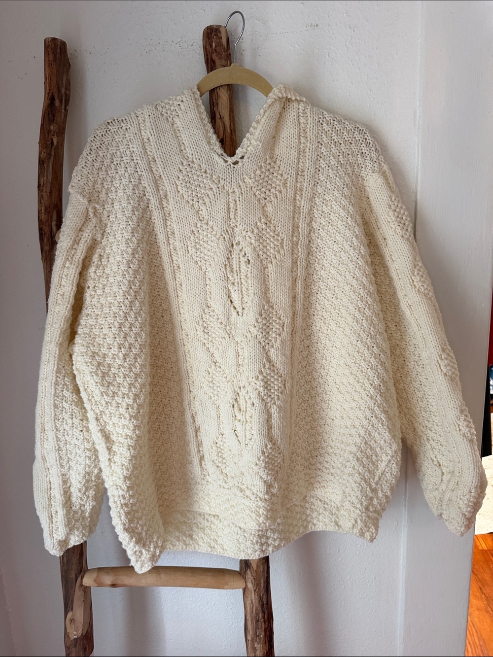 Cozy Cream Cable Hand Knit V-neck Hooded Oversize Relaxed Sweater XL-2XL